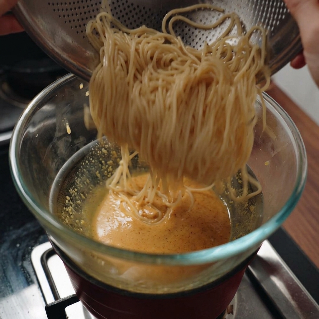 Przekładanie gorącego spaghetti do szklanej miski z sosem jajecznym nad garnkiem z parą.