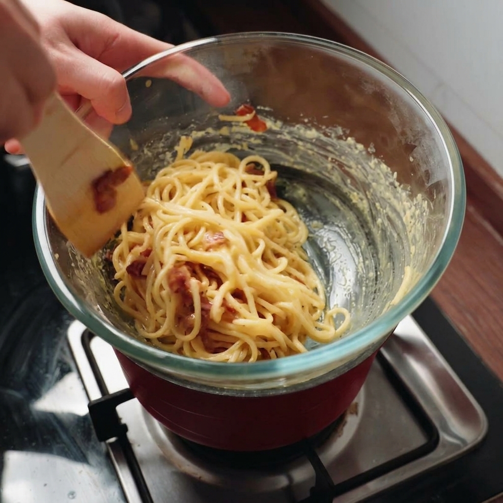Mieszanie spaghetti i boczku w kremowym sosie na kąpieli wodnej za pomocą drewnianej łopatki.