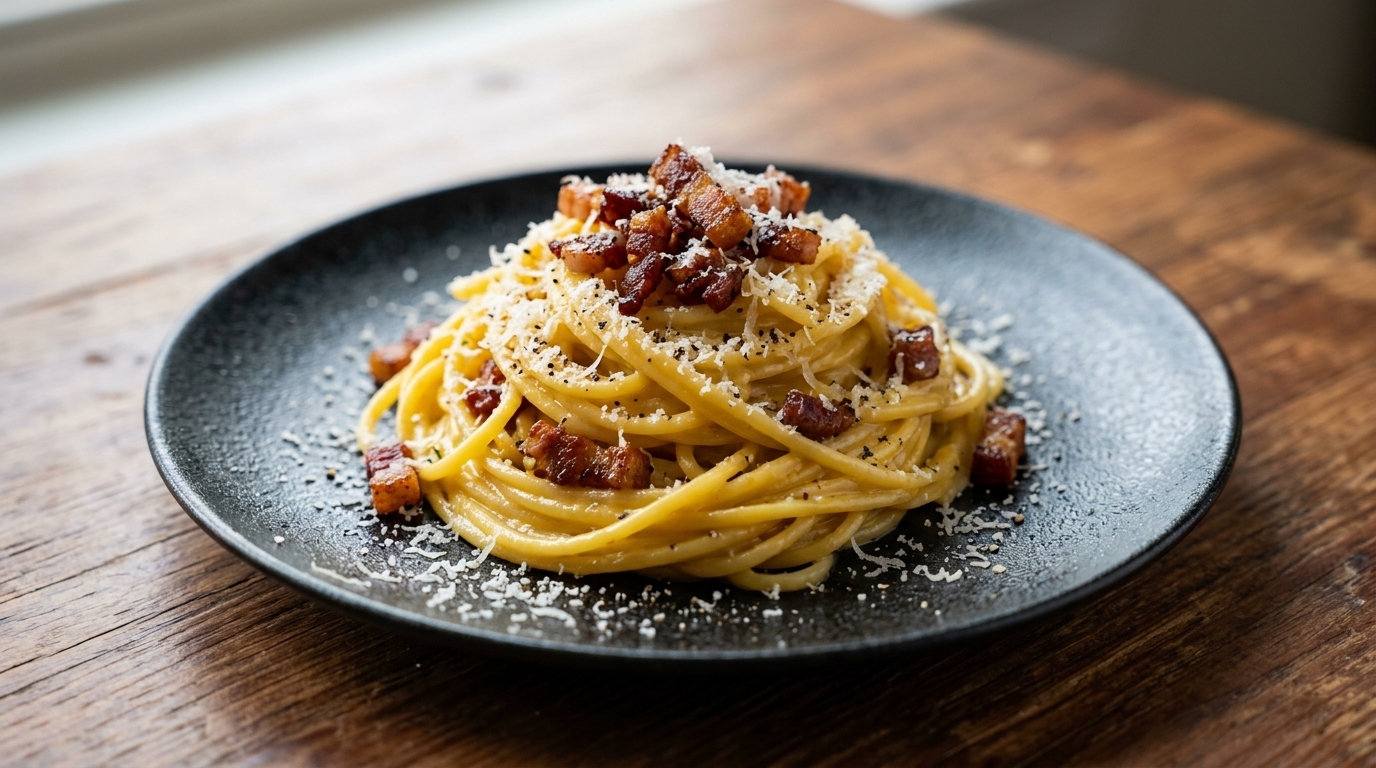 Klasyczne Spaghetti alla Carbonara posypane chrupiącymi kawałkami boczku, świeżo mielonym pieprzem i tartym parmezanem.