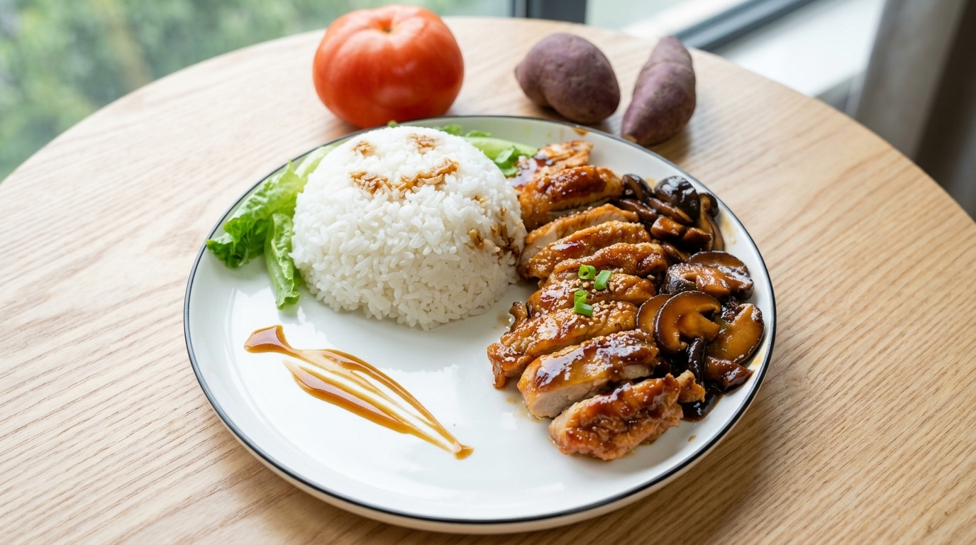 Zdrowy domowy kurczak teriyaki z ryżem i grzybami