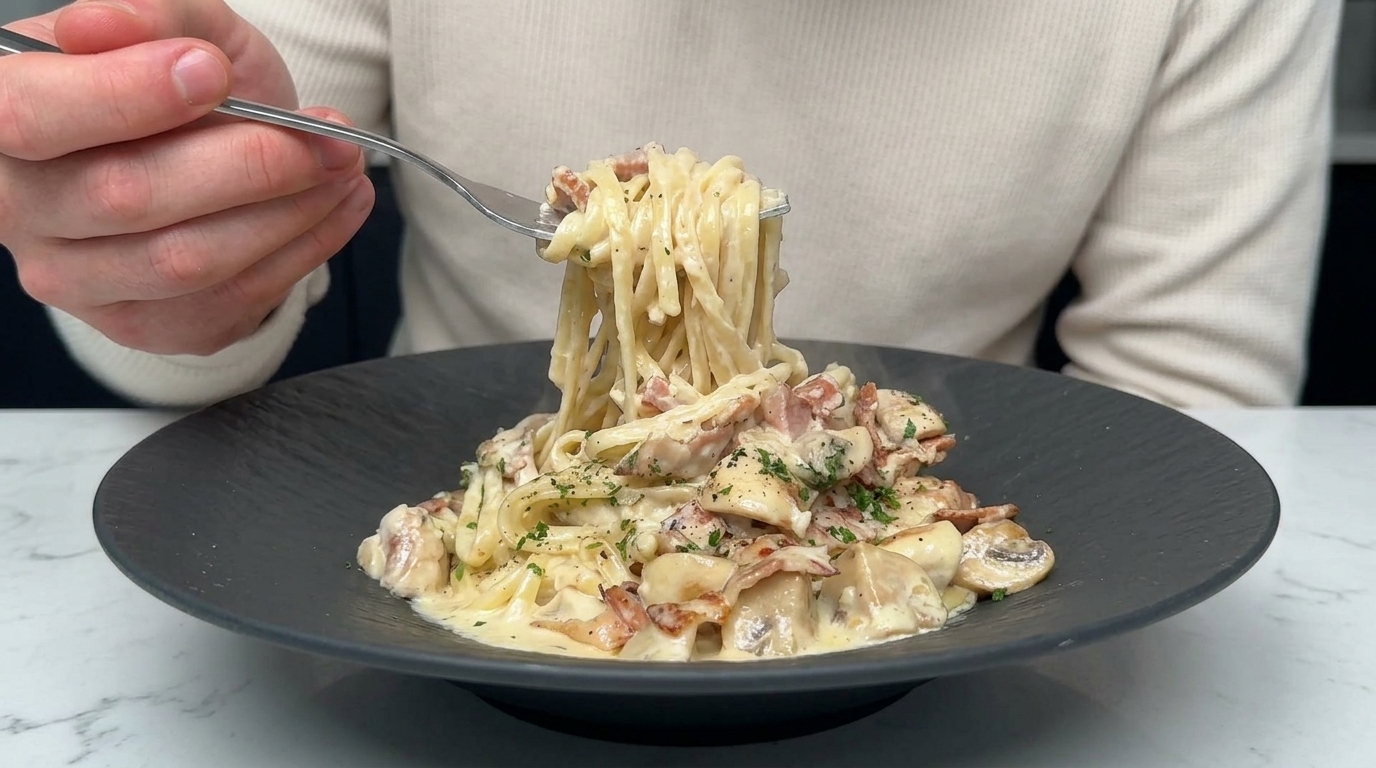 Gęste i kremowe linguine z boczkiem i pieczarkami