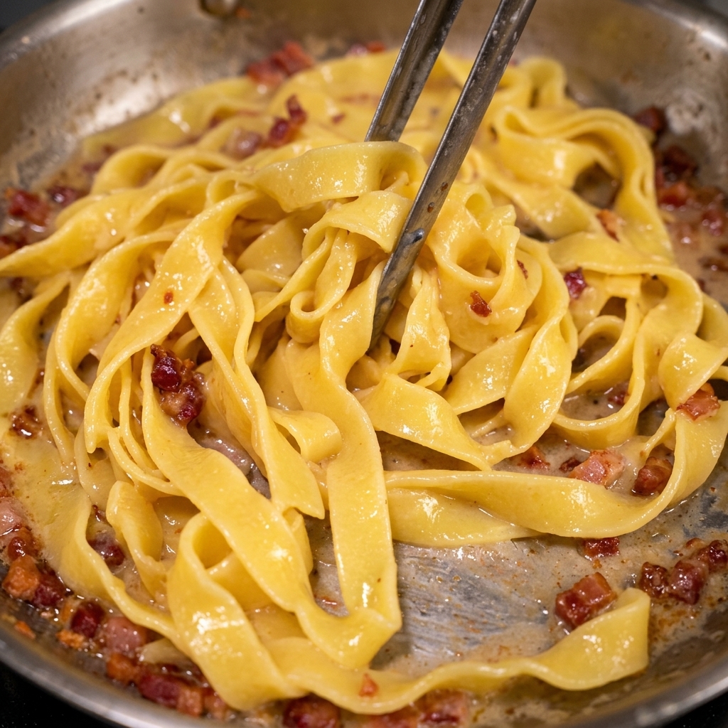 Metalowe szczypce mieszające ugotowany makaron tagliatelle z chrupiącymi kawałkami boczku na patelni.