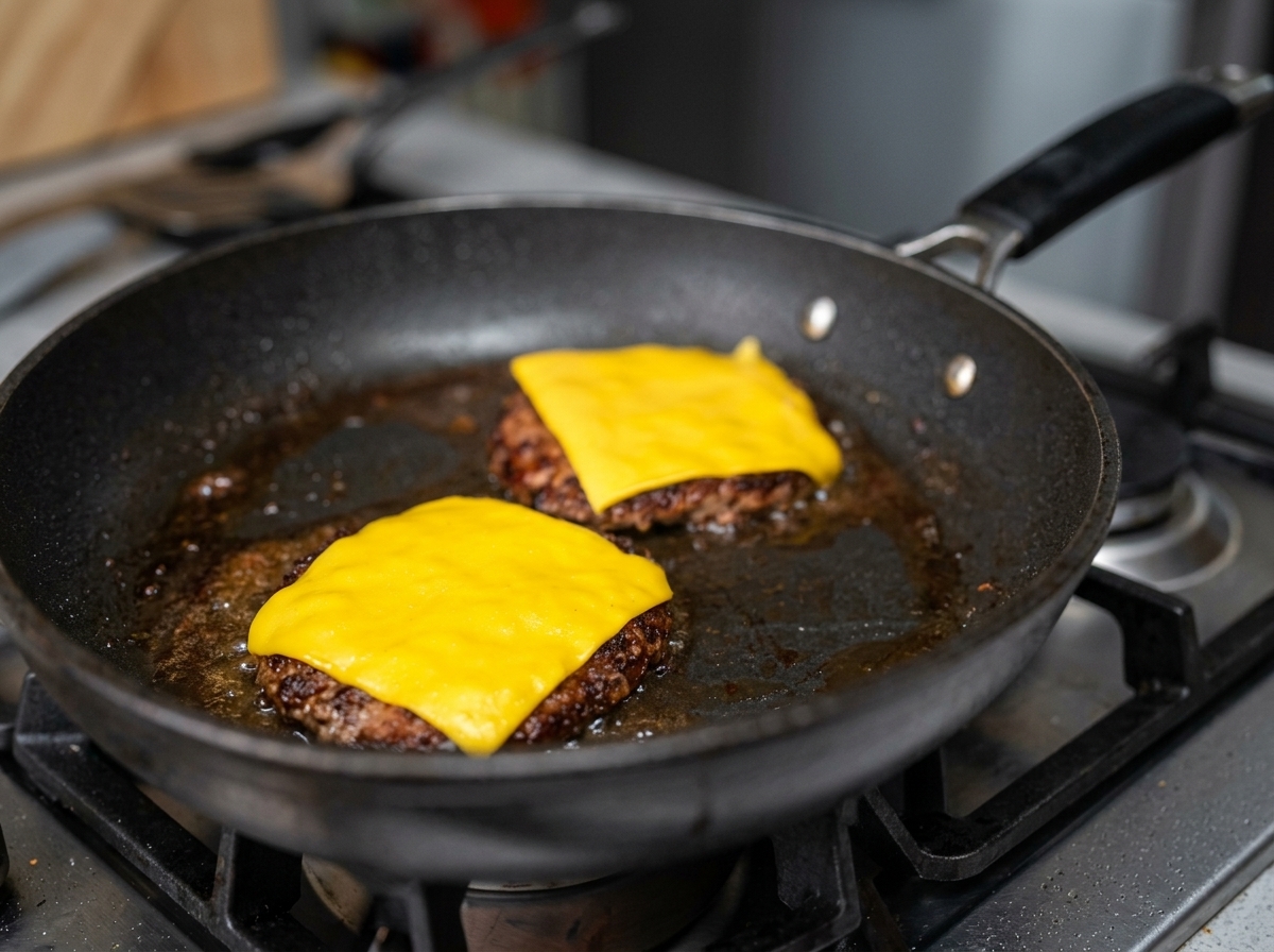 Dwa usmażone kotlety wołowe na patelni, każdy przykryty plasterkiem idealnie roztopionego żółtego sera cheddar.