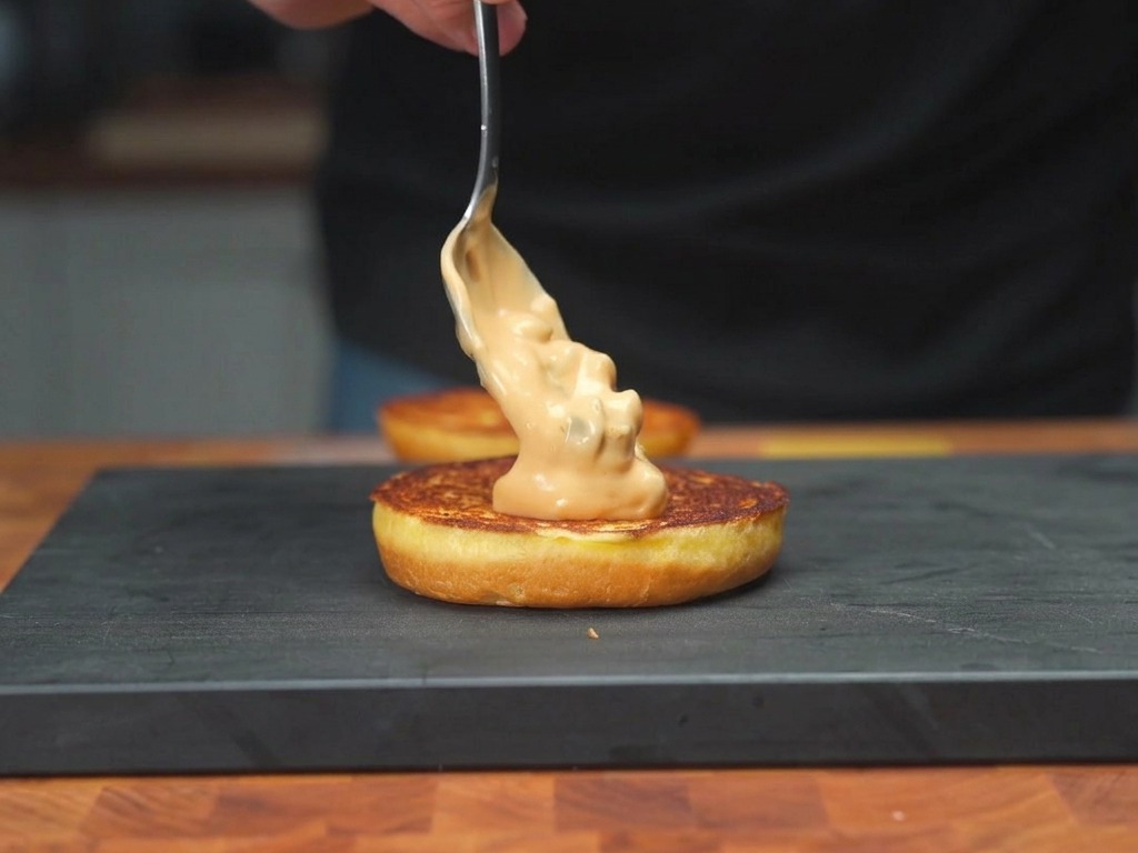 Smarowanie kremowego, różowawego sosu na podpieczonej bułce brioche za pomocą metalowej łyżki.