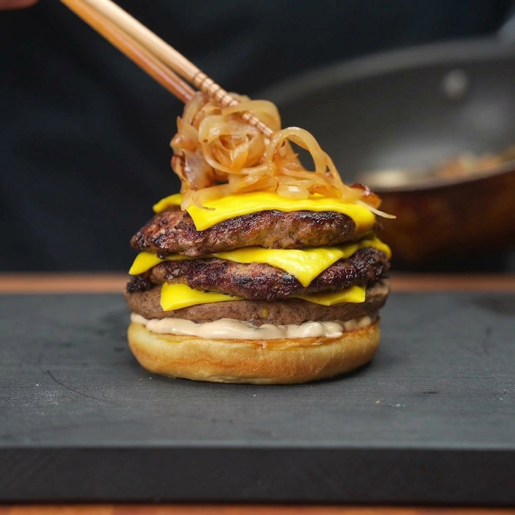Nakładanie sporej porcji miękkiej, brązowej skarmelizowanej cebuli na podwójnego cheeseburgera za pomocą drewnianych pałeczek.