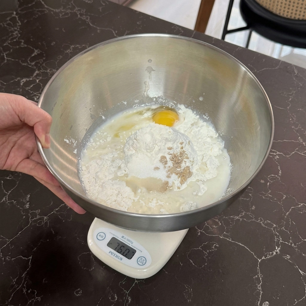 Metalowa miska na wadze kuchennej wypełniona mlekiem, jajkiem i kopczykiem mąki posypanej suchymi drożdżami.