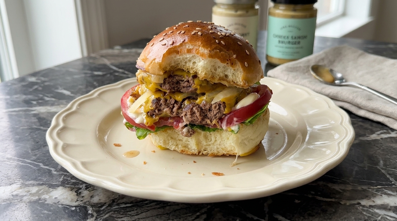 Domowy Podwójny Cheeseburger w Puszystej Bułce z Sezamem