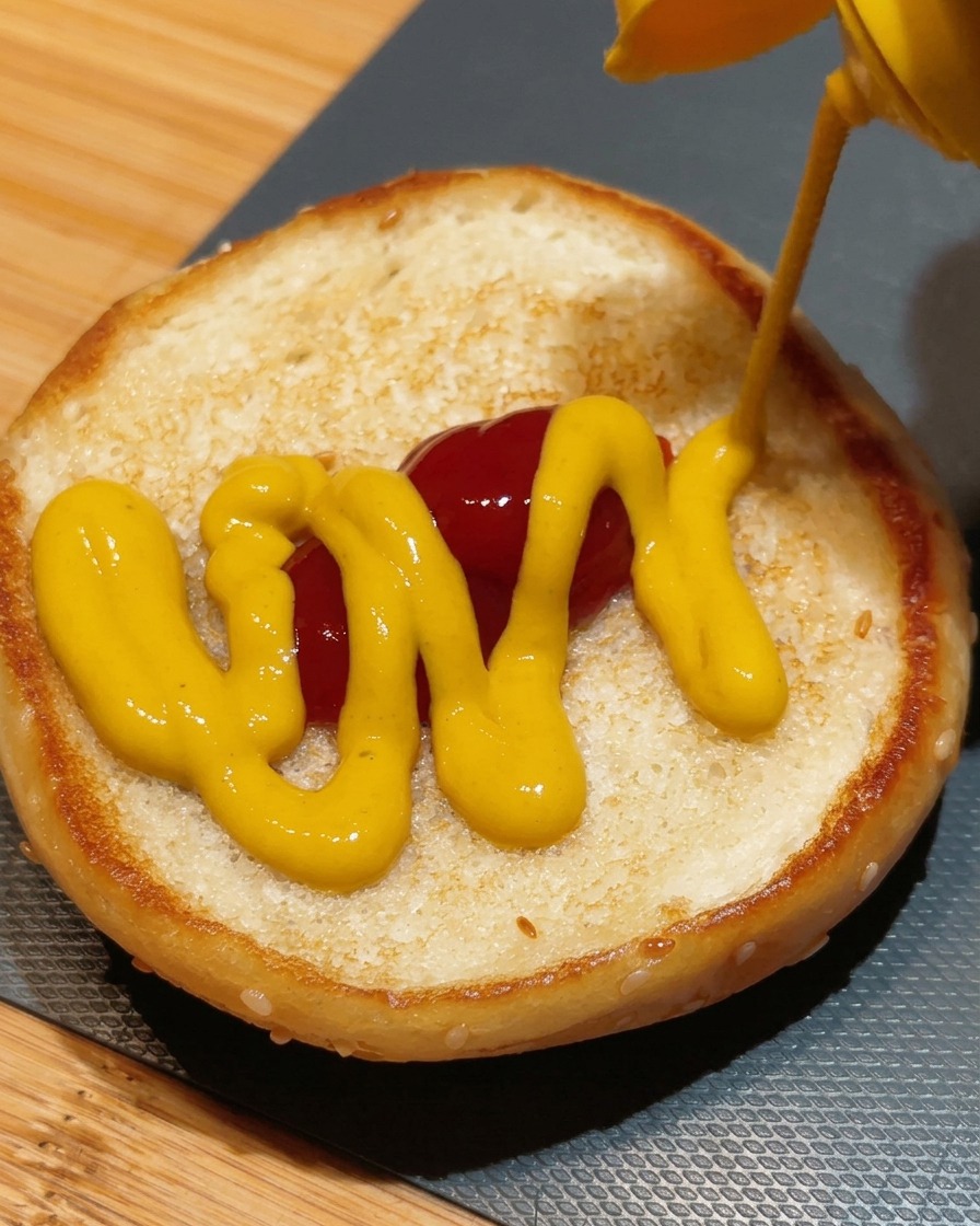 Wyciskanie żółtej musztardy na porcję keczupu na dolnej bułce burgera.