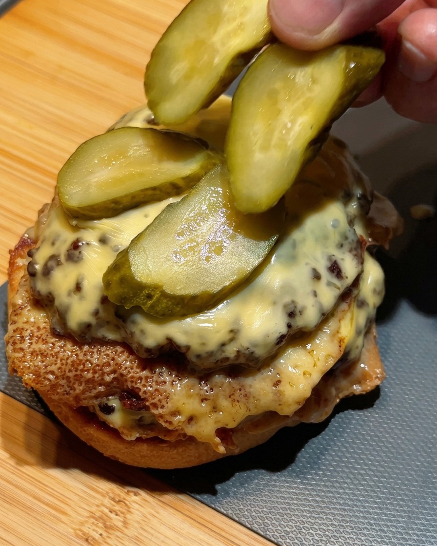 Palce układające plasterki zielonego ogórka na górze podwójnego cheeseburgera.