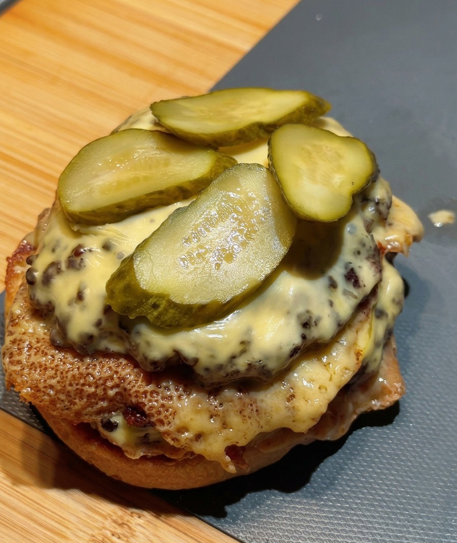 Plasterki ogórka ułożone na podwójnym cheeseburgerze przed nałożeniem górnej bułki.