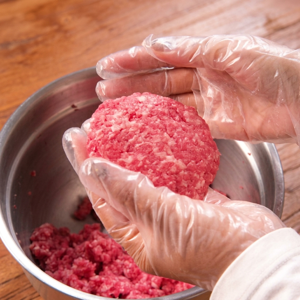 Dłonie formujące okrągły kotlet z mielonej wołowiny.