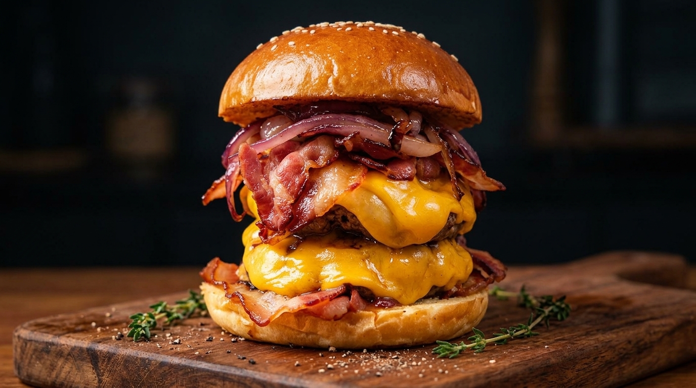 Imponujący podwójny cheeseburger z chrupiącym bekonem, karmelizowaną cebulą i roztopionym serem w domowej bułce brioche.