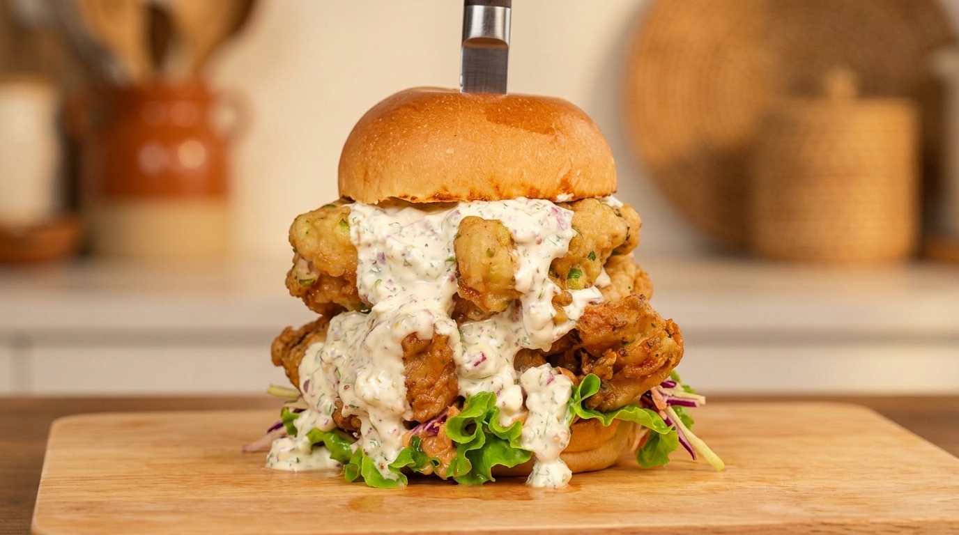 Burger z podwójnym kurczakiem w chrupiącej panierce ze szczypiorkiem i sosem jogurtowo-cebulowym