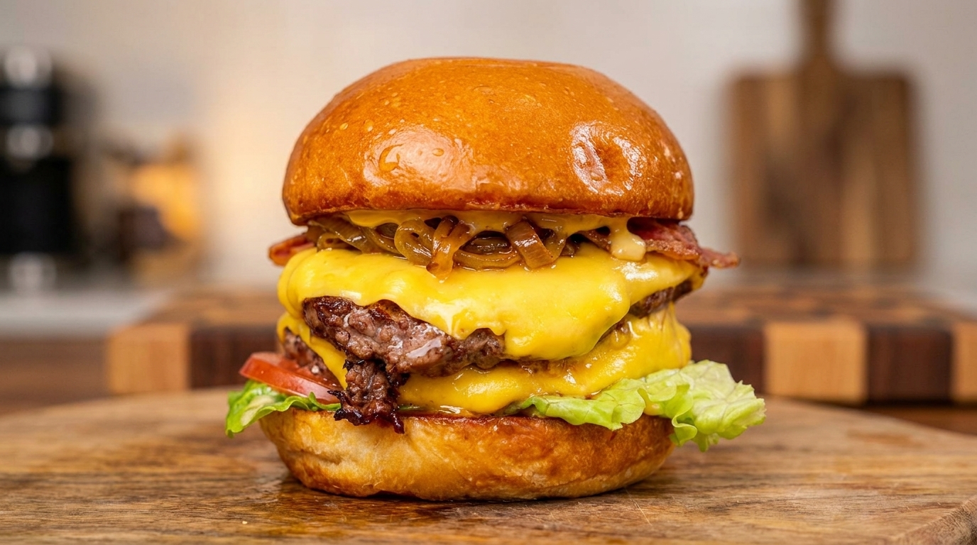 Wyjątkowy podwójny cheeseburger z wołowiny Wagyu z karmelizowaną cebulą
