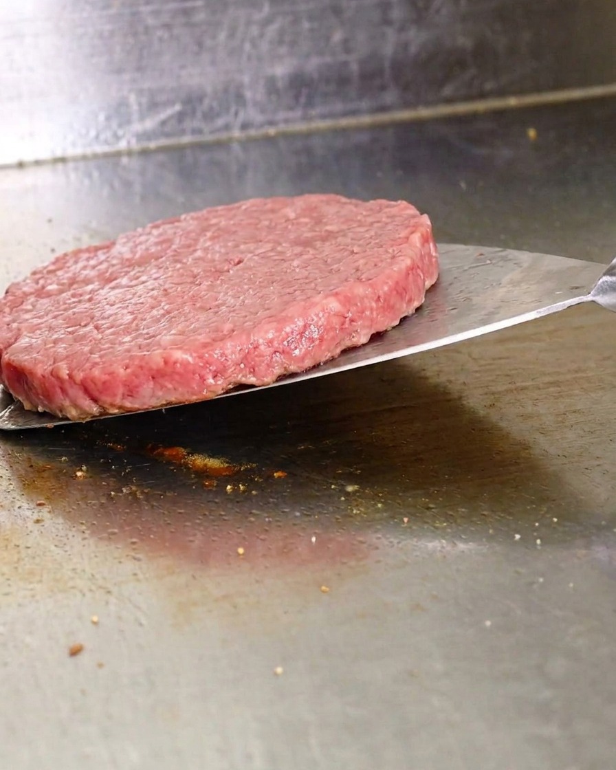 Metalowa łopatka podważająca cienki kotlet wołowy na gorącej blasze w celu jego obrócenia.
