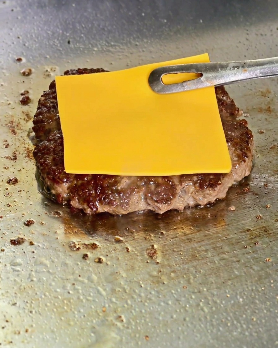 Metalowe szczypce kładące plaster żółtego sera na przypieczony kotlet burgerowy smażący się na płycie.