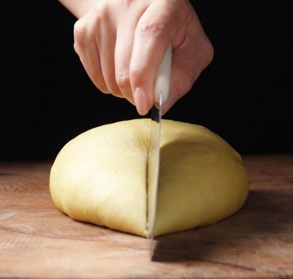 Dłoń używająca skrobki do ciasta, aby podzielić porcję brioche na równe części na drewnianej desce.