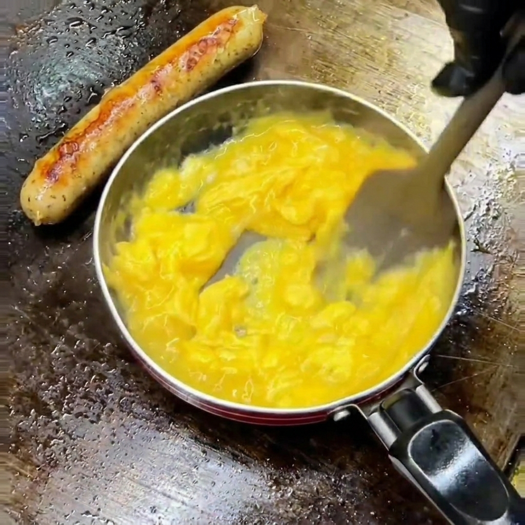 Jajecznica delikatnie mieszana szpatułką na małej patelni.