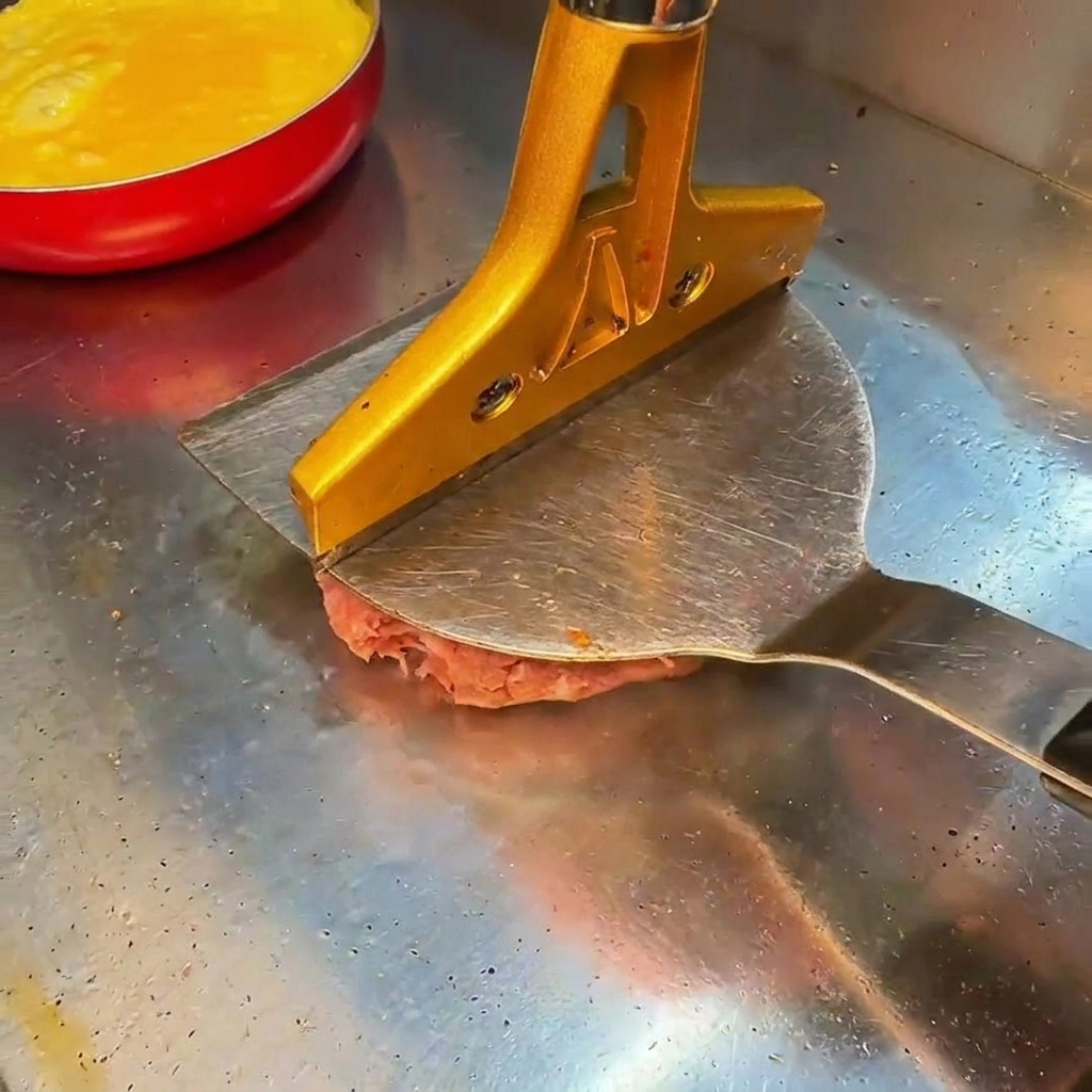 Surowy kotlet wołowy spłaszczany na gorącym grillu za pomocą ciężkiej prasy do burgerów.