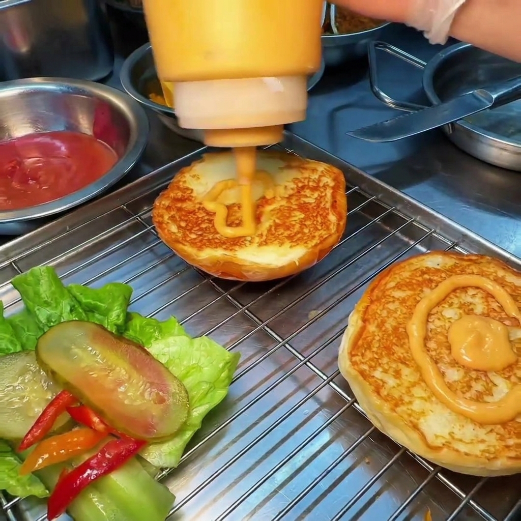 Wyciskanie pomarańczowego sosu do burgerów z butelki na podpieczone bułki na kratce.