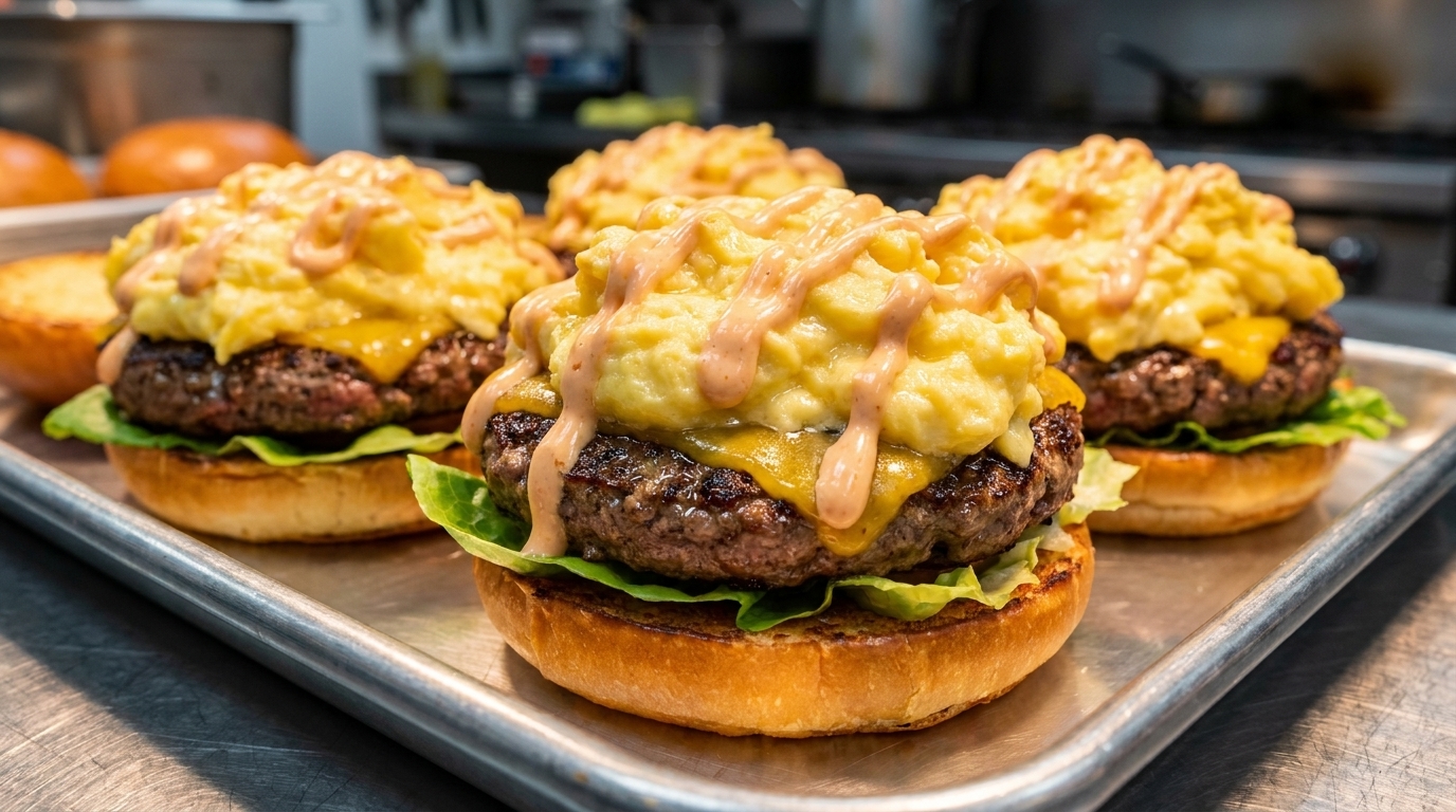 Wykwintny burger wołowy z wysoką warstwą kremowej jajecznicy, topionym serem i wyrazistym sosem w opieczonej bułce.