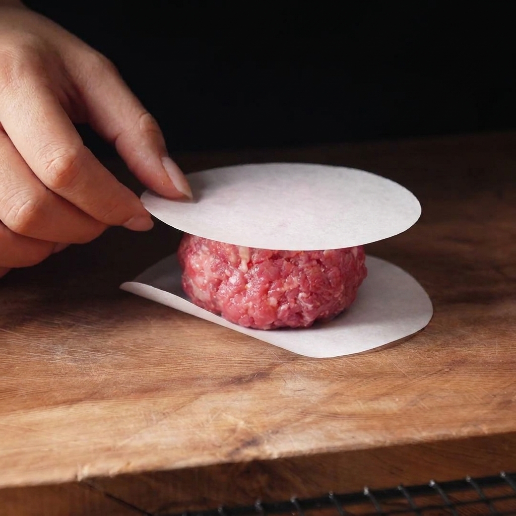 Ręka kładąca papier do pieczenia na kulę mielonego mięsa, aby spłaszczyć ją na kotlet.