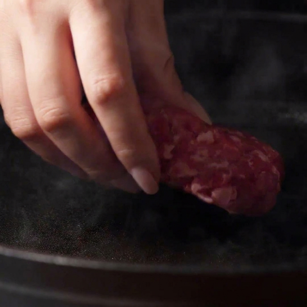 Ręka kładąca uformowany kotlet wołowy na dymiącą, gorącą patelnię.