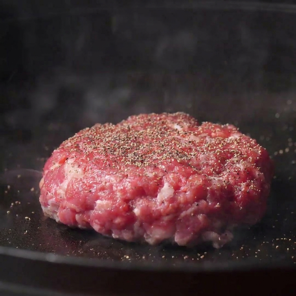 Gruby kotlet wołowy skwierczący na żeliwnej patelni, posypywany solą i pieprzem.
