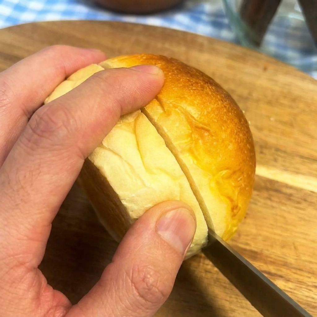 Dłoń trzymająca bułkę do burgera podczas krojenia jej poziomo nożem na drewnianej desce.