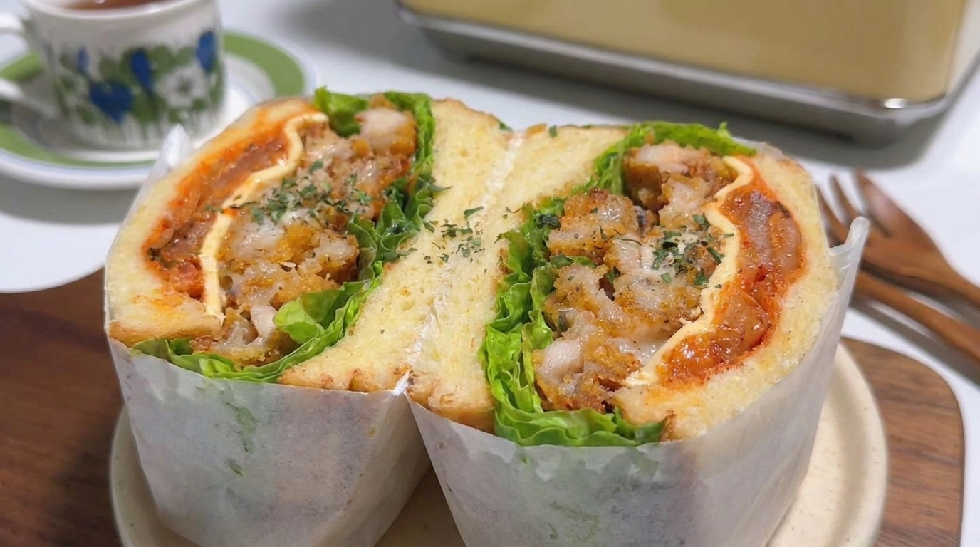 Chrupiąca kanapka z kurczakiem, kimchi i majonezem yuzu