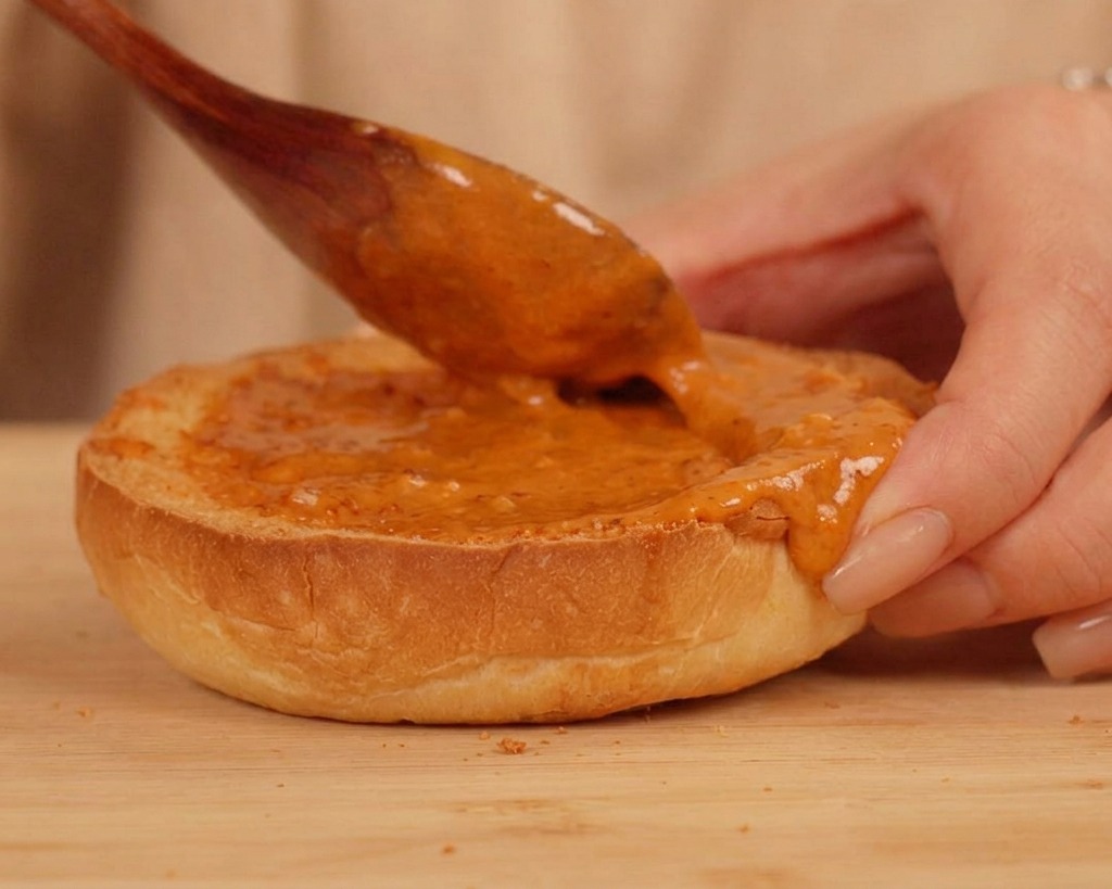 Drewniana łyżka nakładająca pomarańczowy sos na dolną część opieczonej bułki brioche.