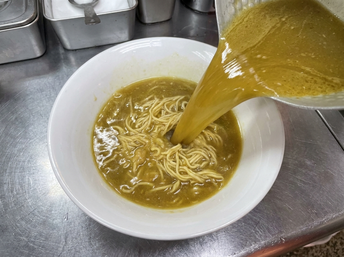 Gęsty bulion tonkotsu przelewany z metalowego naczynia na porcję ugotowanego makaronu w ceramicznej misce.