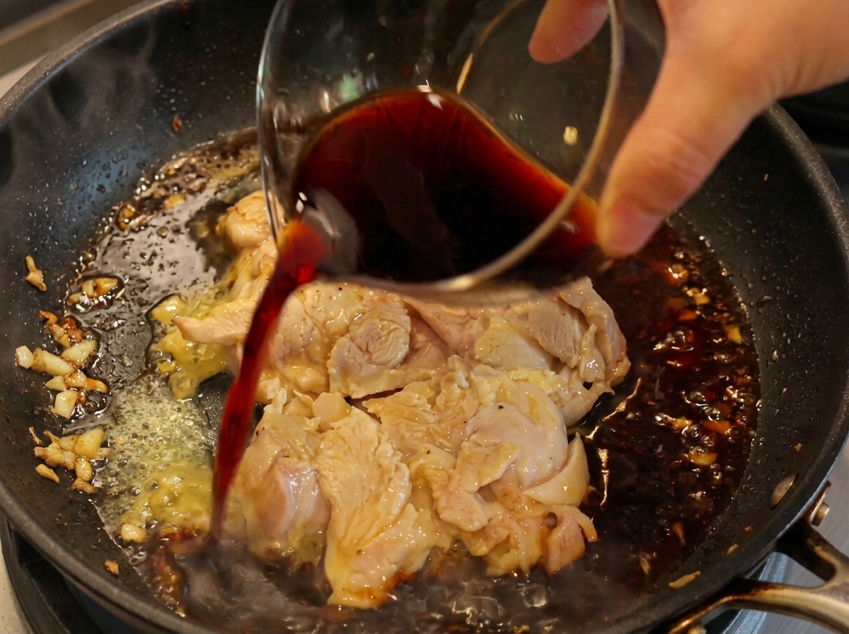 Wlewanie ciemnej mieszanki sosu ze szklanej miseczki bezpośrednio na smażącego się kurczaka.