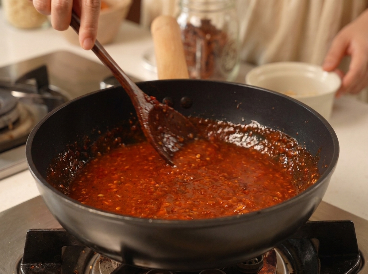 Drewniana łopatka mieszająca pokruszone orzeszki ziemne z gęstym, ciemnoczerwonym sosem chili na czarnej patelni.