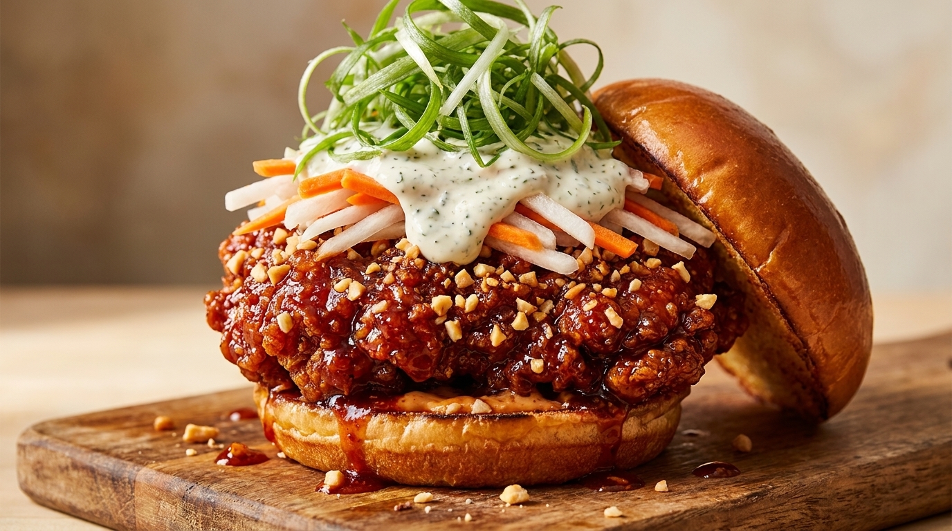 Koreański burger z chrupiącym kurczakiem w słodko-pikantnym sosie