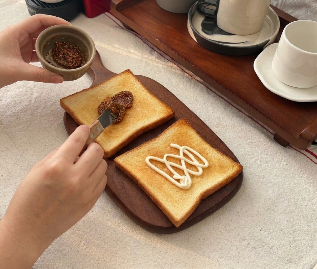 Mały nóż rozsmarowujący porcję miodowej musztardy na kromce tosta.