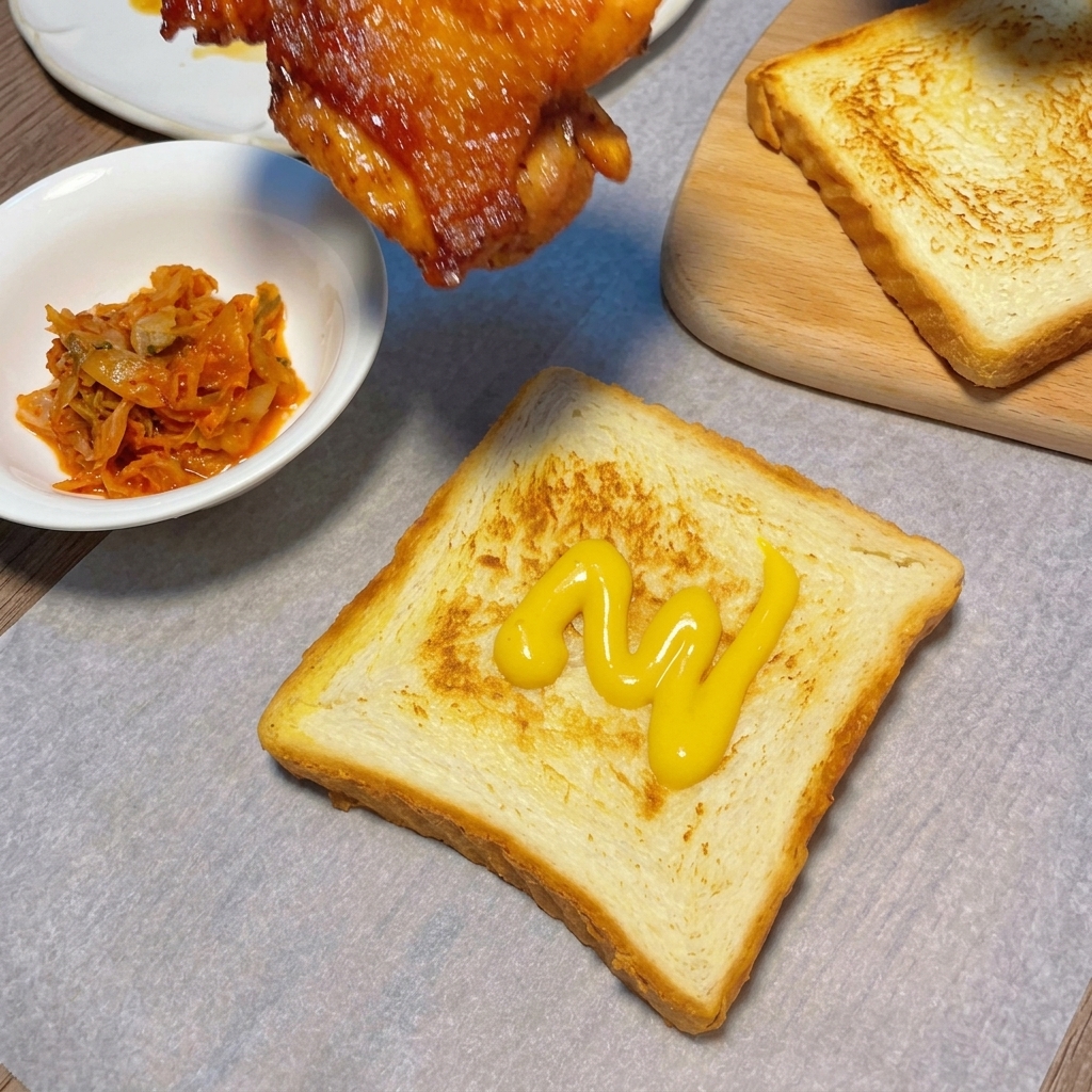 Kurczak w błyszczącej glazurze kładziony na tost z musztardą.