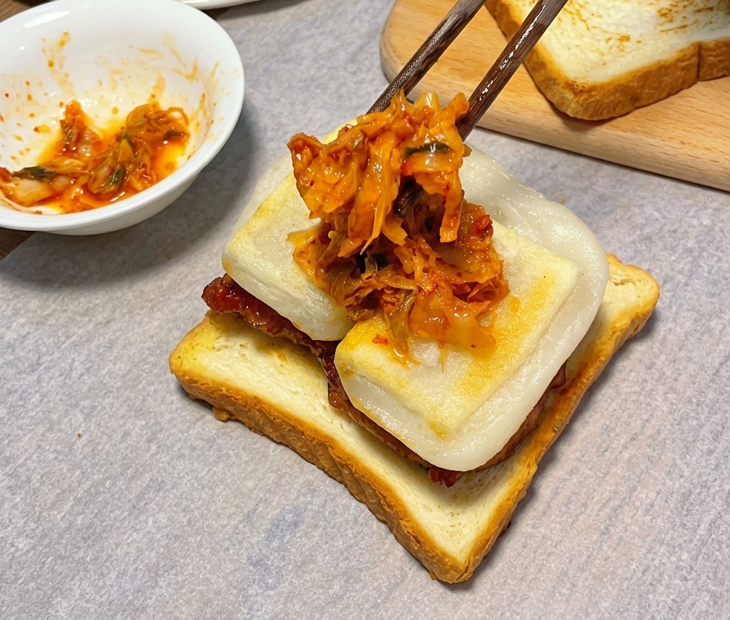 Porcja czerwonego kimchi nakładana na warstwę klusek ryżowych.