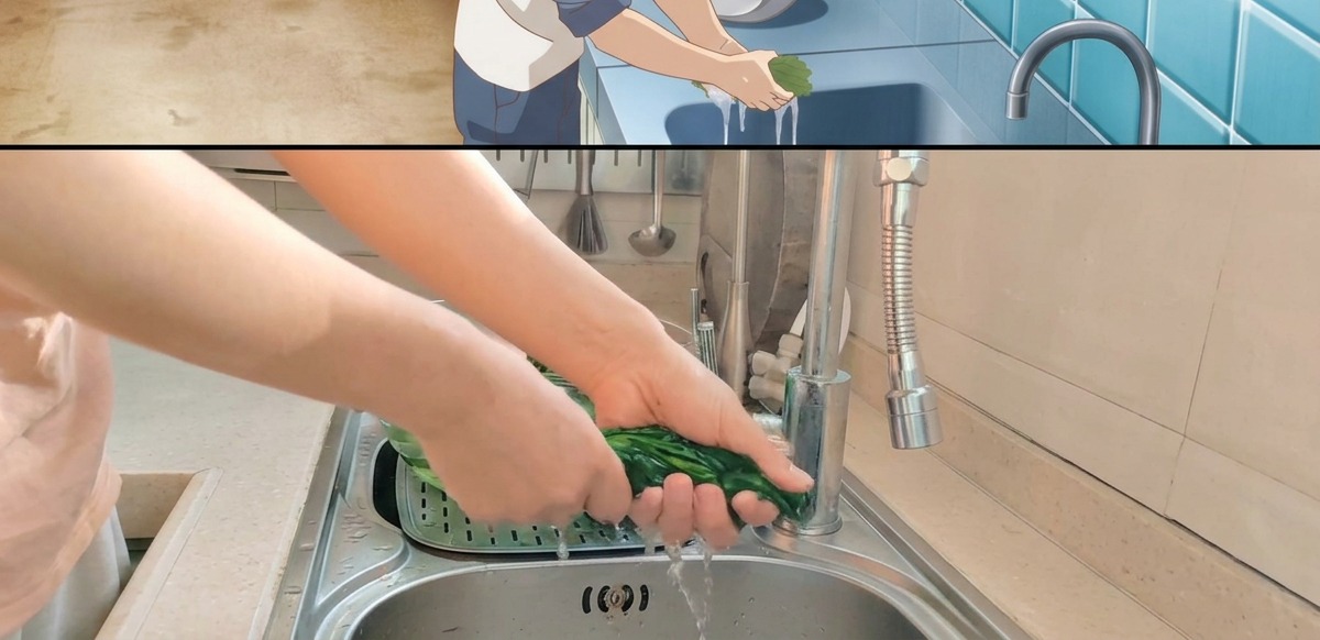 Dłonie mocno wyciskające ugotowany szpinak nad zlewem ze stali nierdzewnej, aby usunąć nadmiar wody.