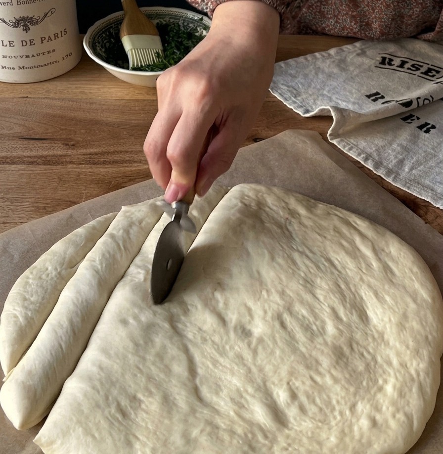Dłoń nacinająca metalowym nożem do pizzy wzór kratki na okrągłym, surowym cieście rozłożonym na brązowym papierze do pieczenia.