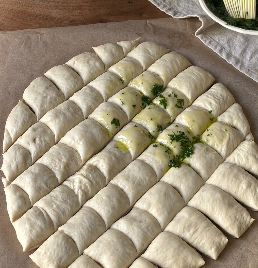 Okrągłe ciasto na pizzę nacięte w małą kratkę, z błyszczącymi sekcjami pokrytymi zieloną mieszanką oliwy, czosnku i ziół za pomocą pędzelka kuchennego.