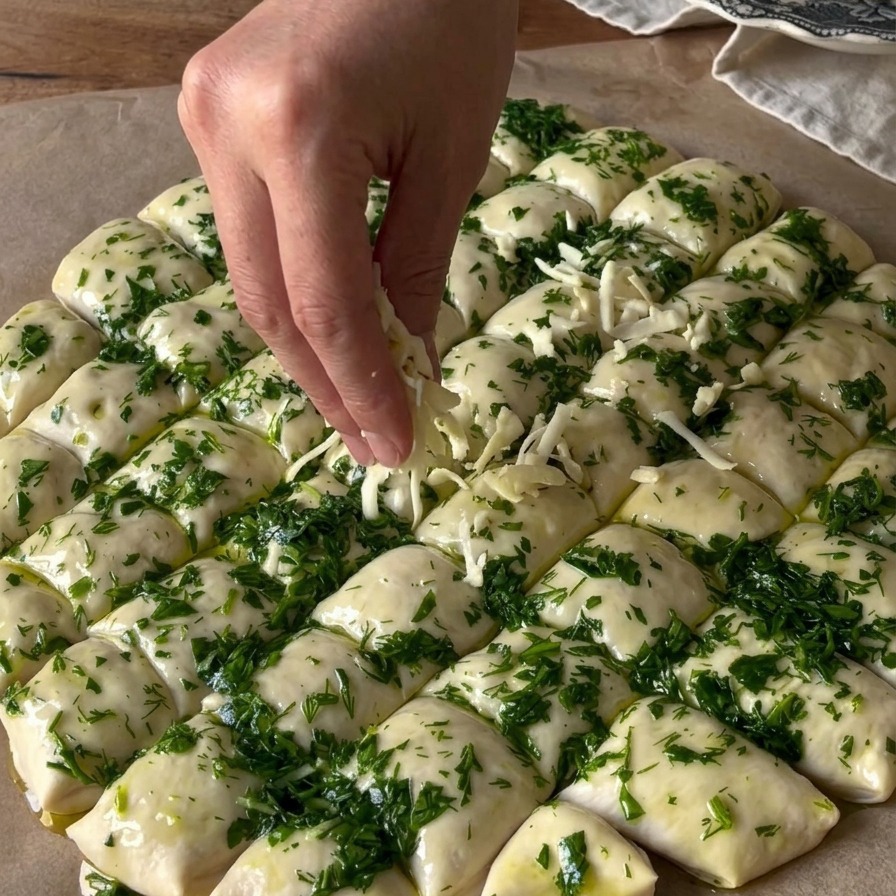 Tarta mozzarella sypana dłonią na okrągłe ciasto pokryte zieloną oliwą czosnkowo-ziołową.