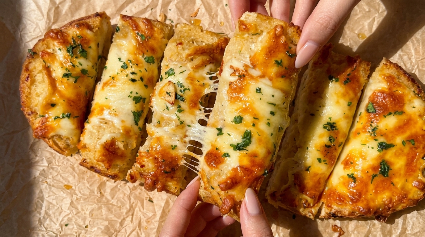 Złocisty chlebek z pieczonym czosnkiem i spektakularnie ciągnącym się serem mozzarella.
