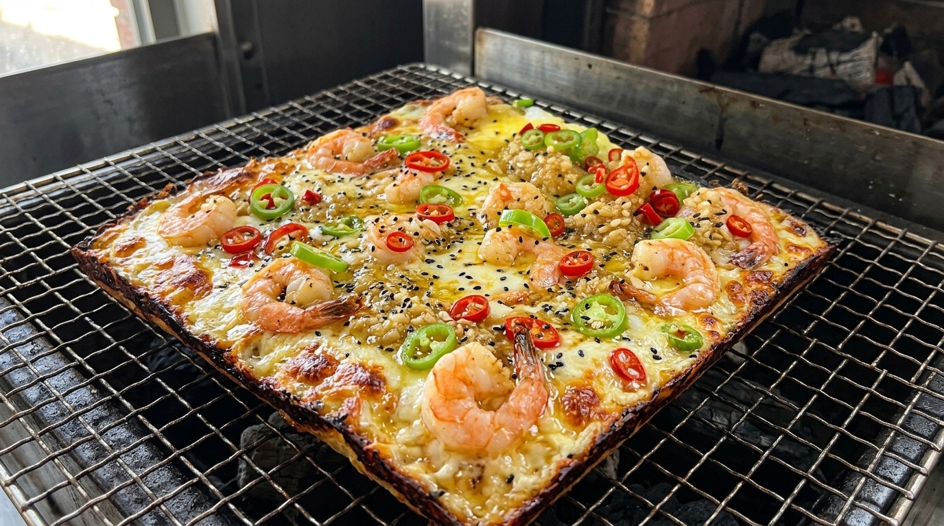 Pizza z krewetkami i czosnkiem z grilla węglowego