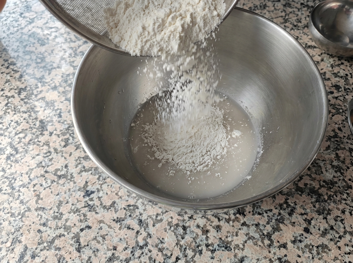 Biała mąka dodawana przez gęste sitko do misy ze stali nierdzewnej z płynną mieszanką drożdżową.