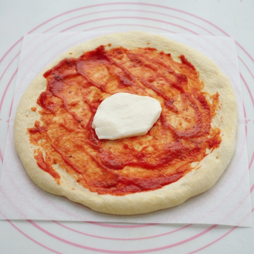 Kawałek świeżej, białej mozzarelli układany na środku pokrytego sosem spodu do pizzy.