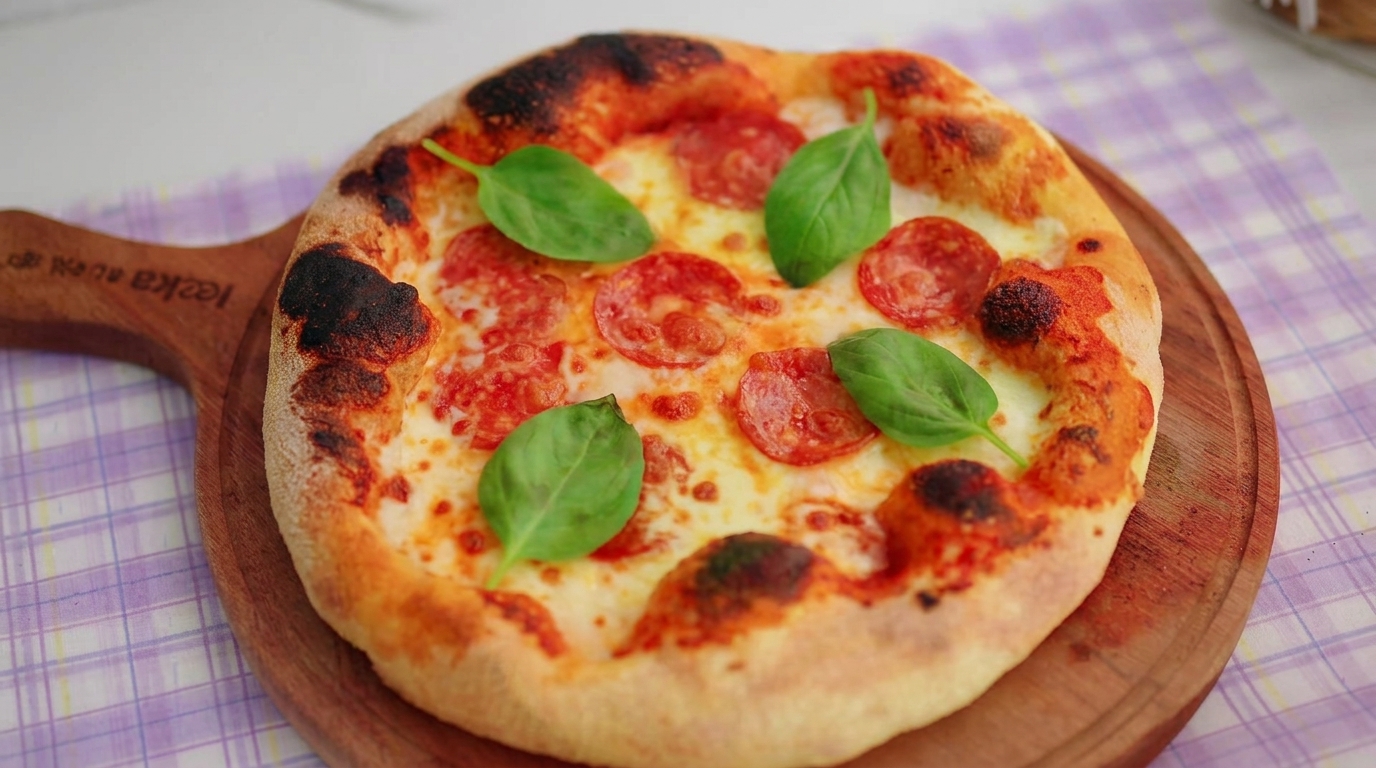 Domowa pizza neapolitańska z salami i chrupiącym, przypieczonym brzegiem