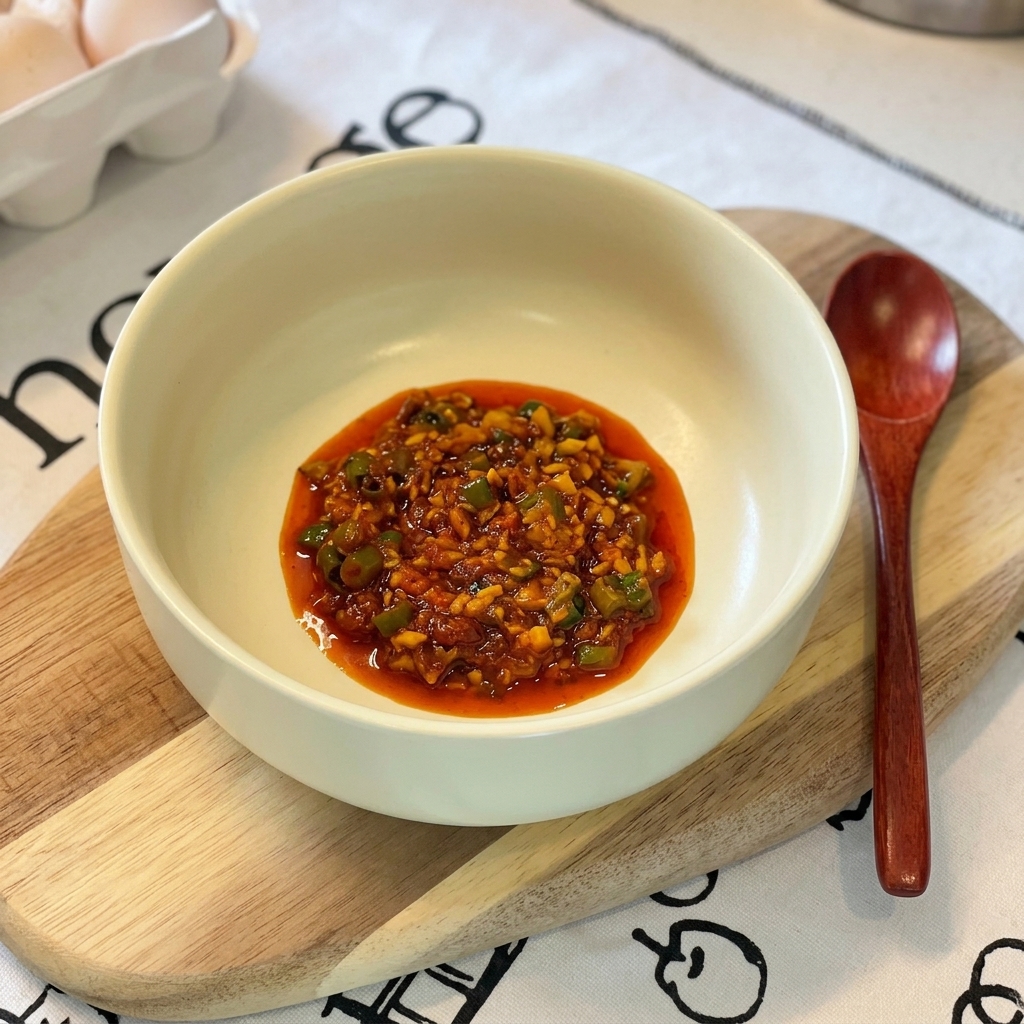 Gęsta, pomarańczowa pasta przyprawowa w jasnej misce na drewnianej desce.
