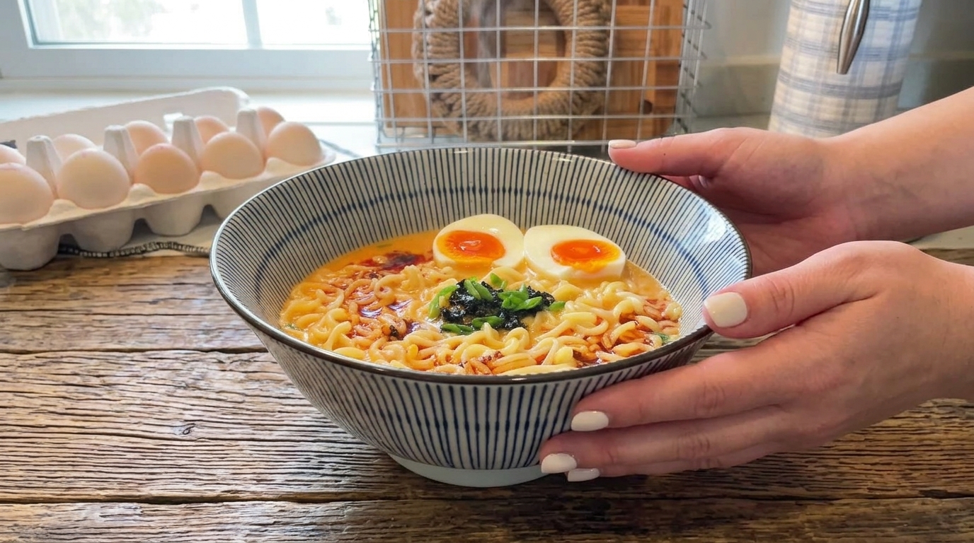 Ekspresowy kremowy ramen a la Tonkotsu z idealnymi jajkami na miękko