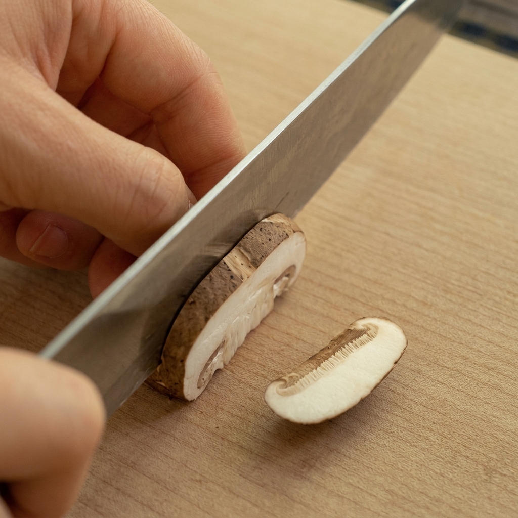 Dłoń trzymająca kapelusz grzyba shiitake i krojąca ga w pionowe paski na jasnej desce.